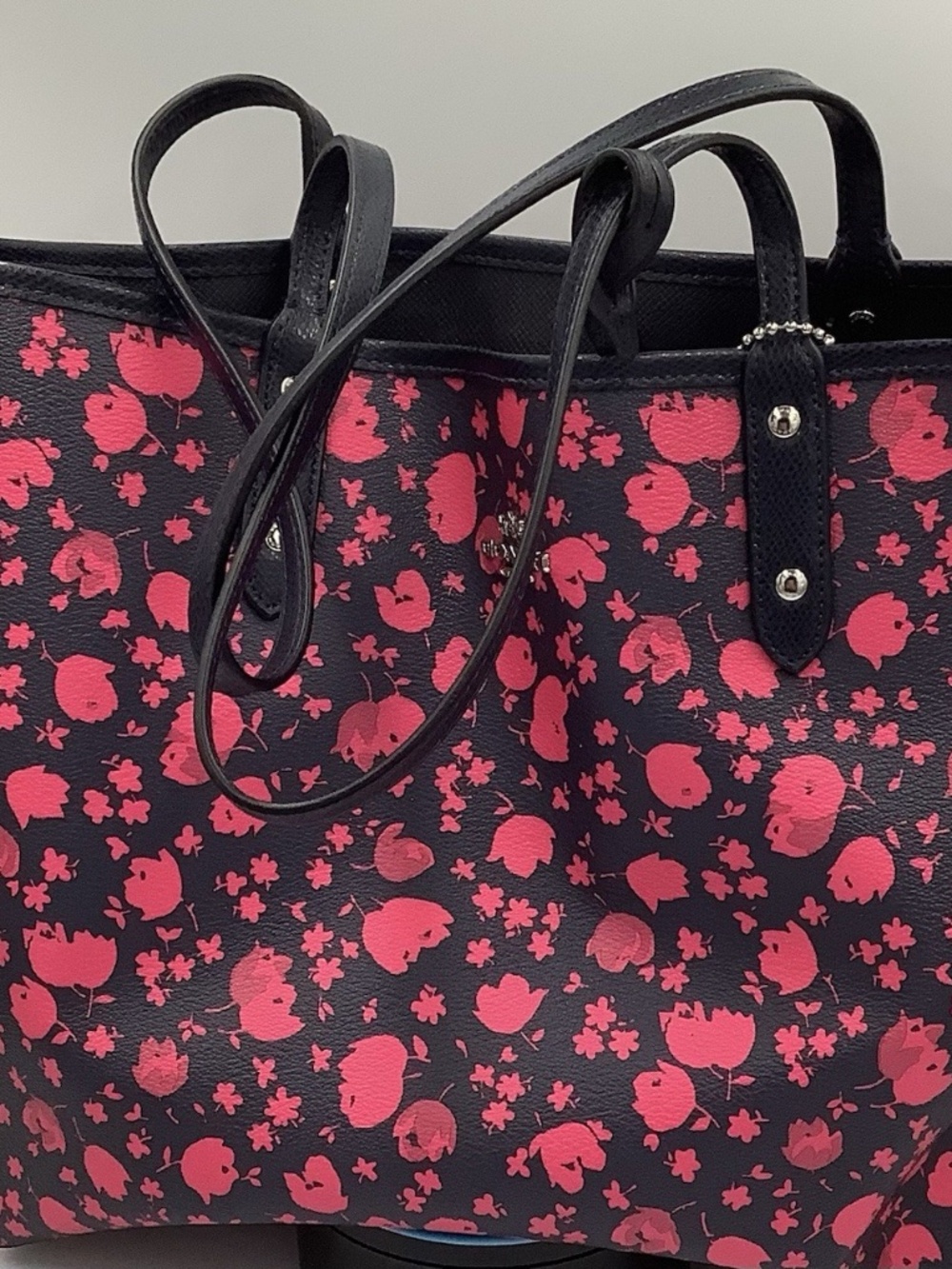 Coach Floral Print Navy Pink Tote with Matching Pouch Women's Shoulder Bag